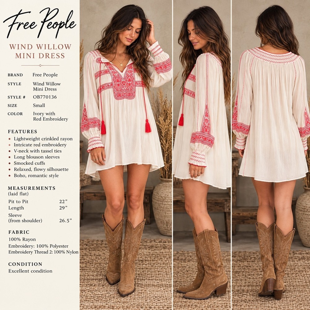 Free People Wind Willow Mini Dress Small Ivory Red Embroidered Boho OB770136
